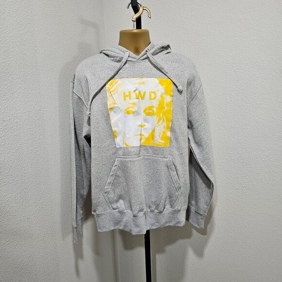 Grunge Hoodie Mens Med Gray Yellow Graphic Logo Fleece Baggy Halfway Dead HWD - Picture 1 of 7